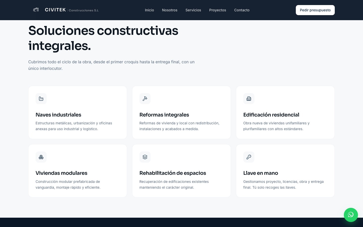 Sección de servicios de la web One Page de CIVITEK
