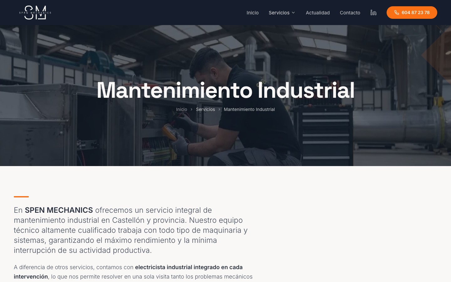 Página de servicio de Mantenimiento Industrial de Spen Mechanics